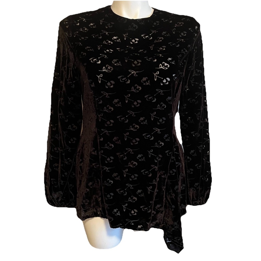Pearl By Lela Rose Black Velvet Floral Burnout Top Sz 14 Asymmetrical Whimsigoth